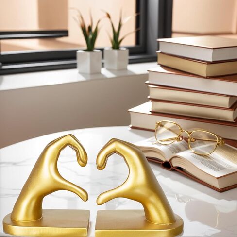 1Pair/2Piece Gold Heart Hands Book Ends, Non-Slip Heavy Duty Bookends for Shelves, Unique Sculptural Book Stopper for Home Bedroom, Living Room & Office Desk Decor in Saudi Arabia