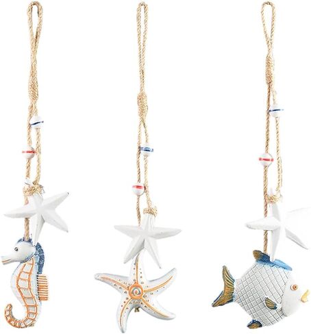 3pcs Wooden Coastal Wall Art, Hanging Beach Wall Decor with Rope, Nautical Wall Decor with Starfish & Seahorse & Fish for Bedroom Living Room in Saudi Arabia