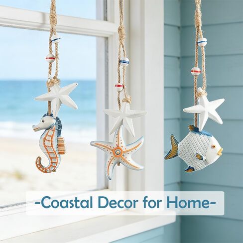 3pcs Wooden Coastal Wall Art, Hanging Beach Wall Decor with Rope, Nautical Wall Decor with Starfish & Seahorse & Fish for Bedroom Living Room in Saudi Arabia