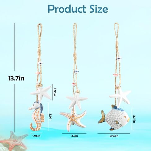 3pcs Wooden Coastal Wall Art, Hanging Beach Wall Decor with Rope, Nautical Wall Decor with Starfish & Seahorse & Fish for Bedroom Living Room in Saudi Arabia
