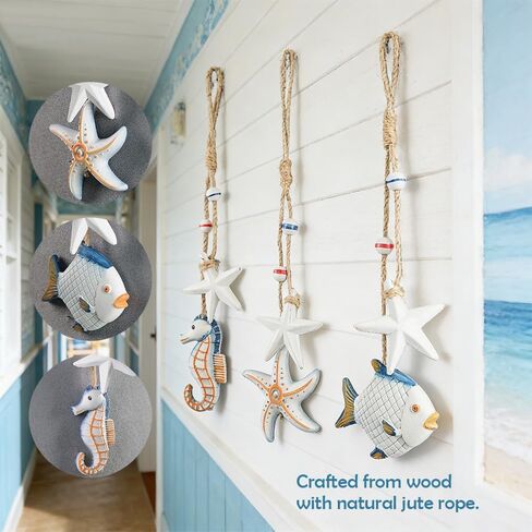 3pcs Wooden Coastal Wall Art, Hanging Beach Wall Decor with Rope, Nautical Wall Decor with Starfish & Seahorse & Fish for Bedroom Living Room in Saudi Arabia