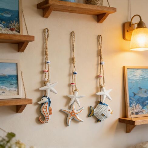3pcs Wooden Coastal Wall Art, Hanging Beach Wall Decor with Rope, Nautical Wall Decor with Starfish & Seahorse & Fish for Bedroom Living Room in Saudi Arabia