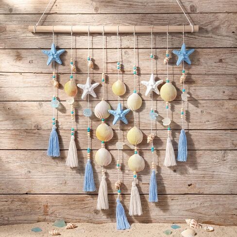 Wenqik Beach Coastal Wall Decor Handmade Ocean Themed 15.75 Inch Boho Wall Art with Starfish Seashells Blue White Beaded Tassel Hanging on Wooden Rod for Farmhouse Bathroom Bedroom Kitchen Dining Room in Kuwait