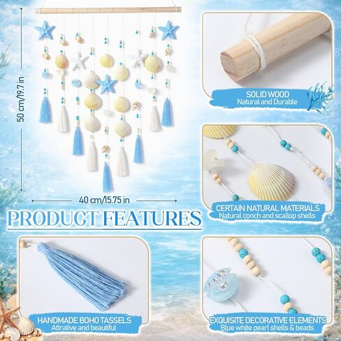Wenqik Beach Coastal Wall Decor Handmade Ocean Themed 15.75 Inch Boho Wall Art with Starfish Seashells Blue White Beaded Tassel Hanging on Wooden Rod for Farmhouse Bathroom Bedroom Kitchen Dining Room in Kuwait