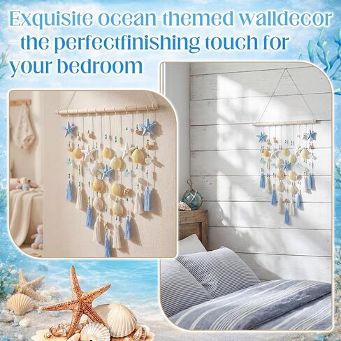 Wenqik Beach Coastal Wall Decor Handmade Ocean Themed 15.75 Inch Boho Wall Art with Starfish Seashells Blue White Beaded Tassel Hanging on Wooden Rod for Farmhouse Bathroom Bedroom Kitchen Dining Room in Kuwait