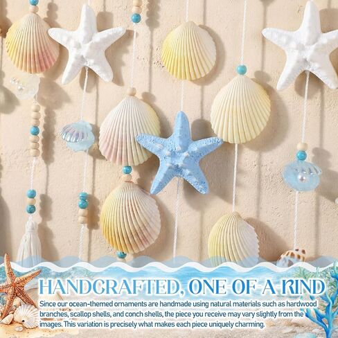 Wenqik Beach Coastal Wall Decor Handmade Ocean Themed 15.75 Inch Boho Wall Art with Starfish Seashells Blue White Beaded Tassel Hanging on Wooden Rod for Farmhouse Bathroom Bedroom Kitchen Dining Room in Kuwait