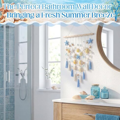 Wenqik Beach Coastal Wall Decor Handmade Ocean Themed 15.75 Inch Boho Wall Art with Starfish Seashells Blue White Beaded Tassel Hanging on Wooden Rod for Farmhouse Bathroom Bedroom Kitchen Dining Room in Kuwait