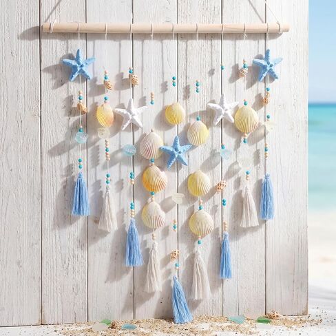 Wenqik Beach Coastal Wall Decor Handmade Ocean Themed 15.75 Inch Boho Wall Art with Starfish Seashells Blue White Beaded Tassel Hanging on Wooden Rod for Farmhouse Bathroom Bedroom Kitchen Dining Room in Kuwait