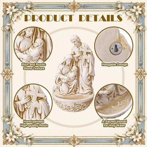 Junkin Holy Water Font Resin Family Saint Joseph Mary and Infant Christ Catholic Holy Water Container 6.5 Inch Religious Decoration Church Wall Hanging Decor for Home Catholic Church Baptism Gift in Kuwait
