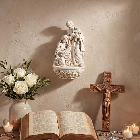 Junkin Holy Water Font Resin Family Saint Joseph Mary and Infant Christ Catholic Holy Water Container 6.5 Inch Religious Decoration Church Wall Hanging Decor for Home Catholic Church Baptism Gift in Kuwait