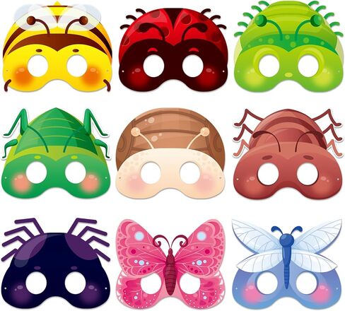 Qpout 27pcs Spring Bugs Paper Masks Adults with Elastic Cords,Spring Time Insect and Bug Theme Dress-Up Party Birthday Accessory Favor Supplies,9 Styles in Kuwait