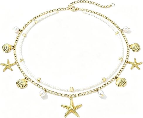 Gold Starfish Waist Chain for Women 2Pcs Adjustable Layered Belly Chain Bohemian Shell Beaded Bikini Body Chain for Beach, Summer Festival, Vacation & Boho Accessories in Saudi Arabia