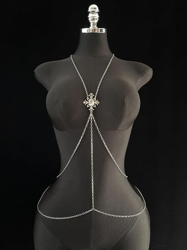 Paloli Gothic Cross Body Chain for Women – Silver Tone Adjustable Waist Body Jewelry, Vintage Filigree Y-Style Harness Necklace for Festival Party Outfit in Saudi Arabia
