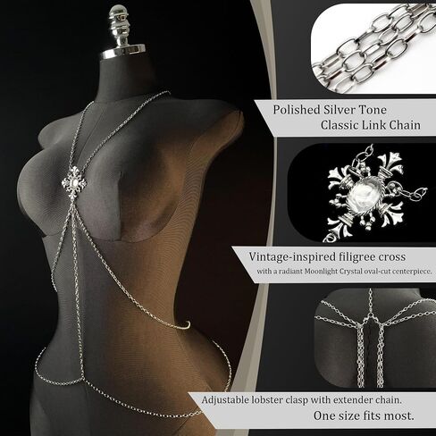 Paloli Gothic Cross Body Chain for Women – Silver Tone Adjustable Waist Body Jewelry, Vintage Filigree Y-Style Harness Necklace for Festival Party Outfit in Saudi Arabia