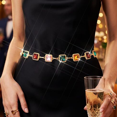 BODIY Colorful Rhinestone Waist Chain Belt Rainbow Rhinestone Belt Vintage Crystal Belly Chain Summer Beach Body Chains Gold Dress Body Jewelry for Women in Kuwait