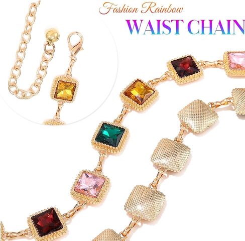 BODIY Colorful Rhinestone Waist Chain Belt Rainbow Rhinestone Belt Vintage Crystal Belly Chain Summer Beach Body Chains Gold Dress Body Jewelry for Women in Kuwait
