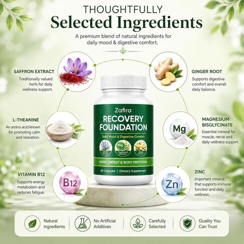 Zafira Organics Saffron Supplements, Zafira Recovery Foundation Capsules for Daily Wellness Support, with Saffron Extract, Magnesium Bisglycinate, Ginger, Zinc, Vitamin D3 & B12, 60 Capsules in Kuwait