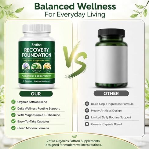 Zafira Organics Saffron Supplements, Zafira Recovery Foundation Capsules for Daily Wellness Support, with Saffron Extract, Magnesium Bisglycinate, Ginger, Zinc, Vitamin D3 & B12, 60 Capsules in Kuwait