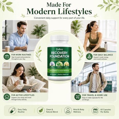 Zafira Organics Saffron Supplements, Zafira Recovery Foundation Capsules for Daily Wellness Support, with Saffron Extract, Magnesium Bisglycinate, Ginger, Zinc, Vitamin D3 & B12, 60 Capsules in Kuwait