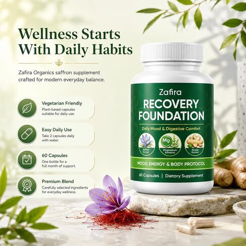 Zafira Organics Saffron Supplements, Zafira Recovery Foundation Capsules for Daily Wellness Support, with Saffron Extract, Magnesium Bisglycinate, Ginger, Zinc, Vitamin D3 & B12, 60 Capsules in Kuwait