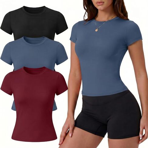 Coume 3 Pack Women's Slim Fit Workout Tops Short Sleeve Compression Shirts Gym Yoga Running Crop Athletic Tees in Kuwait