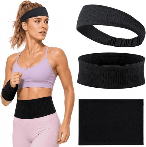 3PCS Running Gear Set for Women, Sports Cooling Headband, Running Slim Belt and Wrist Sweat Towel, Non-Slip Sweatbands Soft Breathable Cooling Workout Sweat Band for Yoga,Gym,Hiking, Fitness in Saudi Arabia