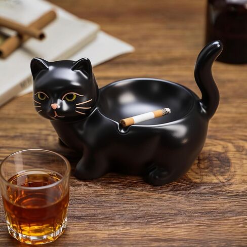 WAIT FLY Ceramic Black Cat Ashtray, Cigar Ashtray for Indoor or Outdoor use, Home Office Decor in Kuwait
