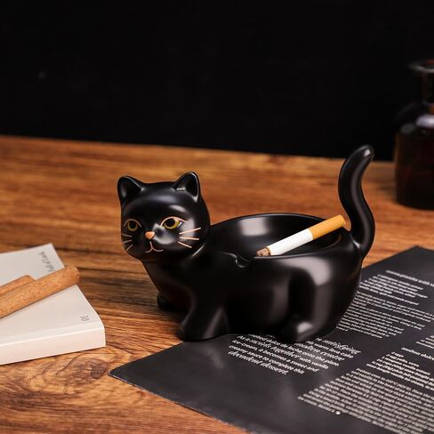 WAIT FLY Ceramic Black Cat Ashtray, Cigar Ashtray for Indoor or Outdoor use, Home Office Decor in Kuwait