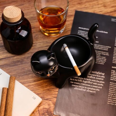 WAIT FLY Ceramic Black Cat Ashtray, Cigar Ashtray for Indoor or Outdoor use, Home Office Decor in Kuwait