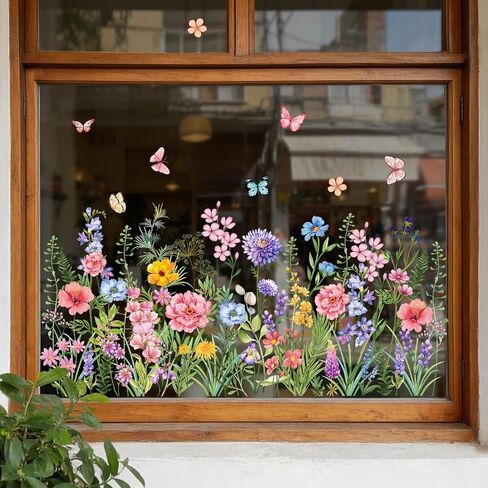 Supzone Colorful Wildflower Static Window Clings Double Sided Spring Summer Flower Butterflies Window Decals Anti-Collision Glass Door Mirror Decals in Kuwait