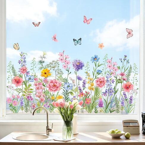 Supzone Colorful Wildflower Static Window Clings Double Sided Spring Summer Flower Butterflies Window Decals Anti-Collision Glass Door Mirror Decals in Kuwait