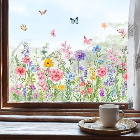 Supzone Colorful Wildflower Static Window Clings Double Sided Spring Summer Flower Butterflies Window Decals Anti-Collision Glass Door Mirror Decals in Kuwait