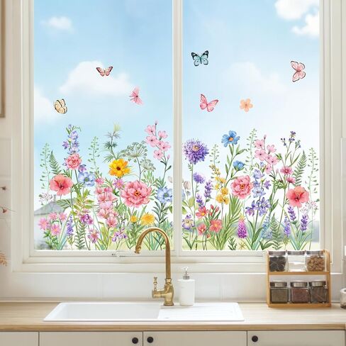 Supzone Colorful Wildflower Static Window Clings Double Sided Spring Summer Flower Butterflies Window Decals Anti-Collision Glass Door Mirror Decals in Kuwait