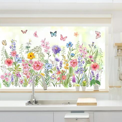 Supzone Colorful Wildflower Static Window Clings Double Sided Spring Summer Flower Butterflies Window Decals Anti-Collision Glass Door Mirror Decals in Kuwait