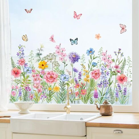 Supzone Colorful Wildflower Static Window Clings Double Sided Spring Summer Flower Butterflies Window Decals Anti-Collision Glass Door Mirror Decals in Kuwait