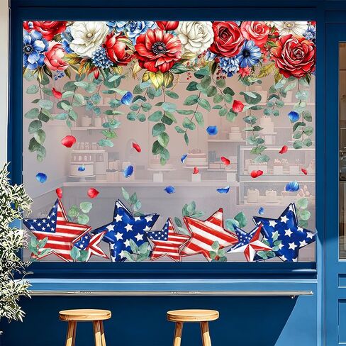 Whaline 8 Sheets Patriotic Window Clings Large 4th of July Window Stickers Red Blue White Star Floral Double-Sided Glass Decals for Independence Day 250th Anniversary Home Party Decoration in Kuwait