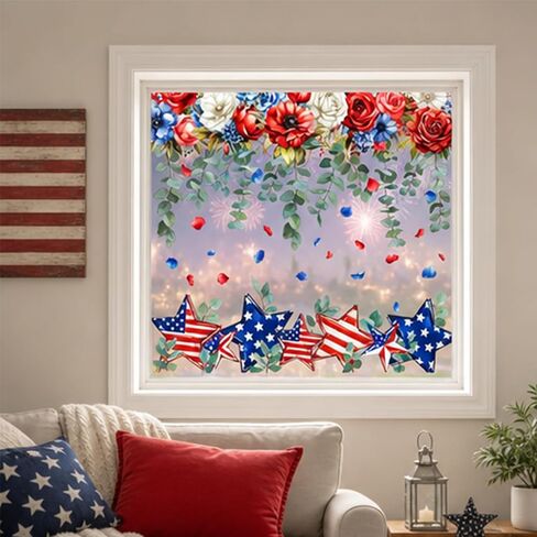 Whaline 8 Sheets Patriotic Window Clings Large 4th of July Window Stickers Red Blue White Star Floral Double-Sided Glass Decals for Independence Day 250th Anniversary Home Party Decoration in Kuwait