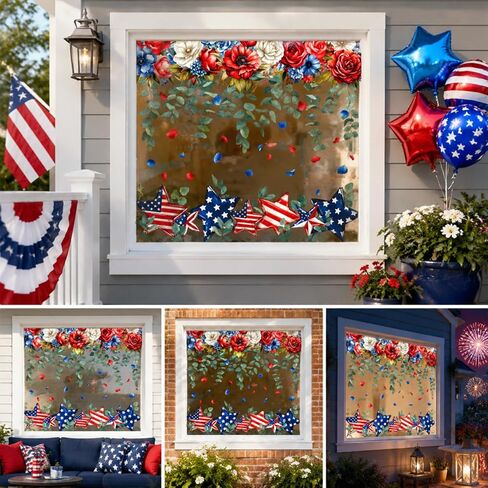 Whaline 8 Sheets Patriotic Window Clings Large 4th of July Window Stickers Red Blue White Star Floral Double-Sided Glass Decals for Independence Day 250th Anniversary Home Party Decoration in Kuwait
