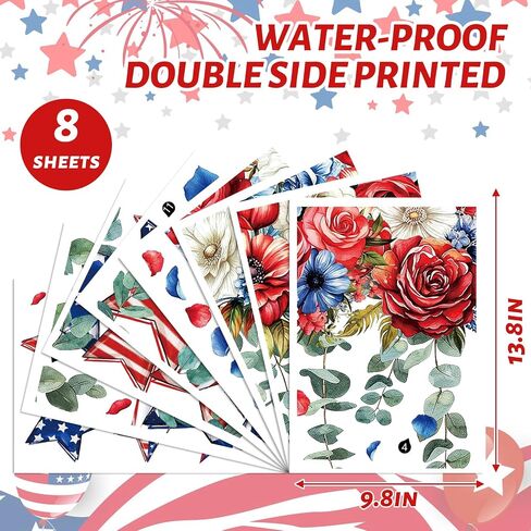 Whaline 8 Sheets Patriotic Window Clings Large 4th of July Window Stickers Red Blue White Star Floral Double-Sided Glass Decals for Independence Day 250th Anniversary Home Party Decoration in Kuwait