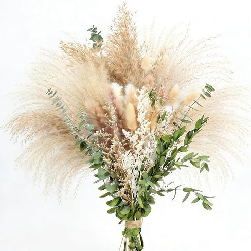 Natural Dried Pampas Grass Bouquet - 9 Varieties Mix with Eucalyptus & Bunny Tails - 17" Non-Shedding & Dye-Free Dried Flowers for Vase - Elegant Boho Home Decor for Wedding, Table & Shelf in Kuwait