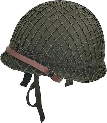 WWII US WW2 Army M1 Steel Pot Helmet Replica - Military Gear Uniform with Net Cover, Chin Strap & Cat Eye Belt - Perfect for Collectors and Reenactors in Saudi Arabia