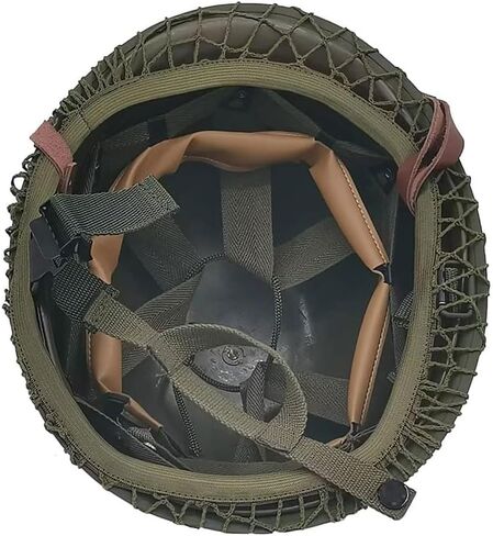 WWII US WW2 Army M1 Steel Pot Helmet Replica - Military Gear Uniform with Net Cover, Chin Strap & Cat Eye Belt - Perfect for Collectors and Reenactors in Saudi Arabia