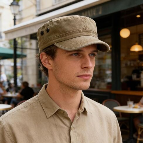 Military Cap Flat Top Cadet Hat, Washed Cotton Patrol Cap with Side Eyelets for Men Women, Adjustable Khaki Navy in Kuwait