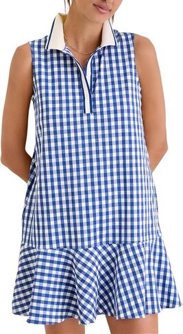 Womens Gingham Polo Dress V Neck Sleeveless Ruffled Hem Mini Dresses Plaid Button Front Tennis Dress(1047-Blue-S) in Kuwait