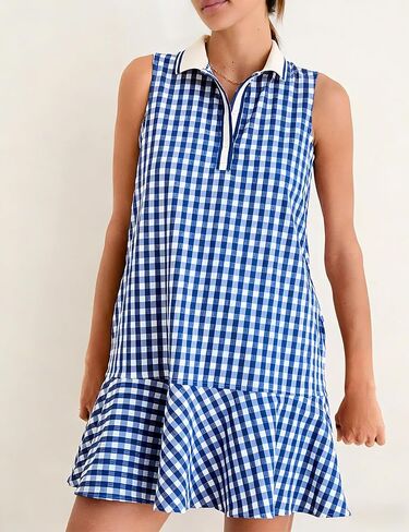 Womens Gingham Polo Dress V Neck Sleeveless Ruffled Hem Mini Dresses Plaid Button Front Tennis Dress(1047-Blue-S) in Kuwait
