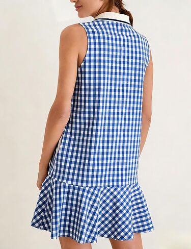 Womens Gingham Polo Dress V Neck Sleeveless Ruffled Hem Mini Dresses Plaid Button Front Tennis Dress(1047-Blue-S) in Kuwait