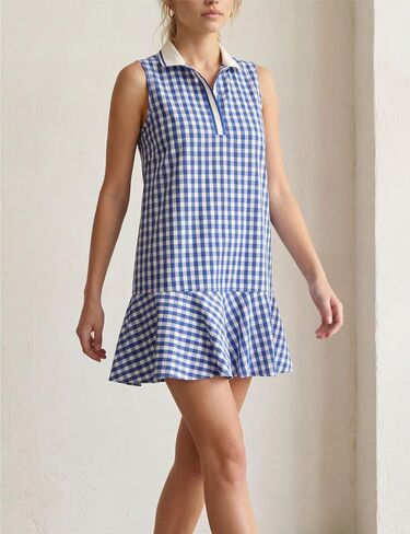 Womens Gingham Polo Dress V Neck Sleeveless Ruffled Hem Mini Dresses Plaid Button Front Tennis Dress(1047-Blue-S) in Kuwait