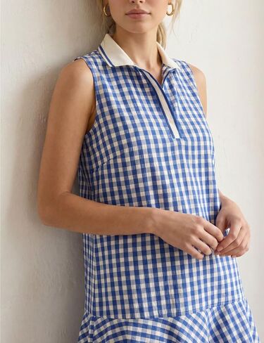 Womens Gingham Polo Dress V Neck Sleeveless Ruffled Hem Mini Dresses Plaid Button Front Tennis Dress(1047-Blue-S) in Kuwait