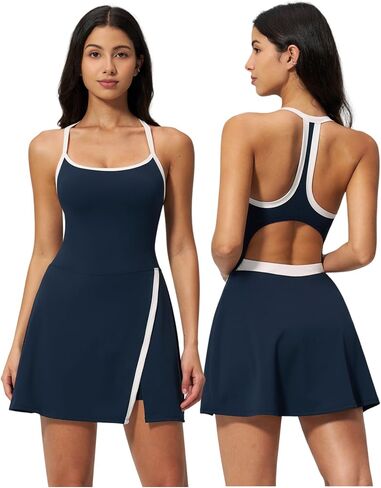 QBGJTD Womens Tennis Golf Dress Built in Bra Shorts Racerback Color Block Skirt Athletic Dresses with Pockets in Kuwait