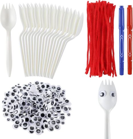 Relaxgiant Fork Creative Set, 50 Set DIY Fork Creativity Kit, Plastic Spork Red Pipe Cleaners Self Adhesive Wiggle Googly Eyes Make Your Own Craft Kit in Saudi Arabia
